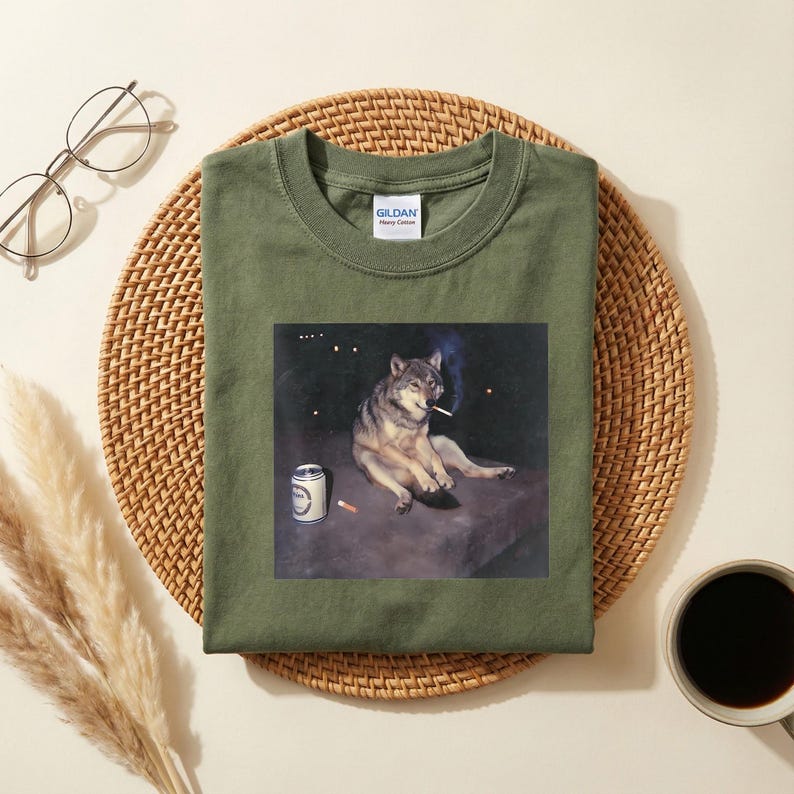 K&ouml;nnte beinhalten: Olivgr&uuml;nes T-Shirt mit einem Grafikdruck eines Wolfs, der eine Zigarette raucht, mit einer Bierdose daneben. Das T-Shirt hat einen Rundhalsausschnitt und das Gildan-Markenetikett ist sichtbar. Das Design ist eine humorvolle Illustration.