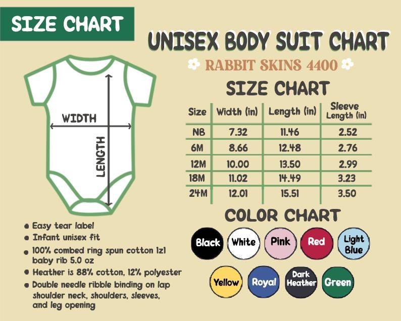 May include: A size chart for a unisex baby bodysuit, featuring measurements in inches for width, length, and sleeve length. The chart includes sizes NB to 24M, with a color chart showing available colors like black, white, and pink.