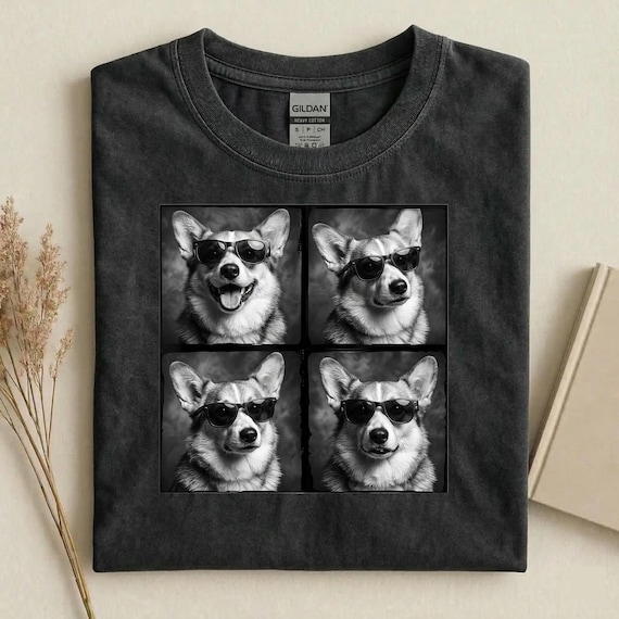 Cool Corgi Sunglasses Shirt, Funny Dog Graphic Tee, Black and White Corgi Shirt, Aesthetic Pet Streetwear, Trendy Dog Lover Gift