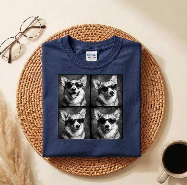 May include: Navy blue t-shirt featuring a square graphic of four black and white images of a corgi wearing sunglasses. The shirt has a crew neck and a tag that reads "Gildan". The shirt is folded on a woven mat.