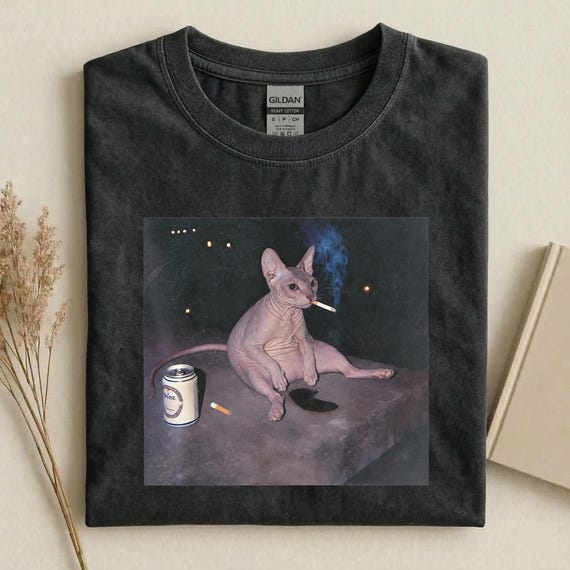 Funny Smoking Sphynx Cat Shirt, Hairless Cat Meme Tee, Dark Humor Cat T-Shirt, Weird Vintage Cat Graphic, Unhinged Pet Lover Gift