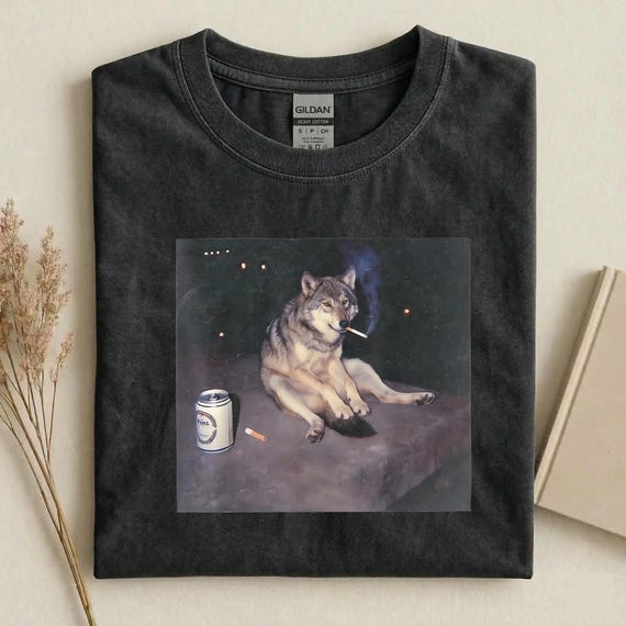 Wolf Smoking Beer T-Shirt, Funny Wolf Graphic Tee, Dark Humor Animal Shirt, Vintage Wolf Tee, Sarcastic Funny Gift