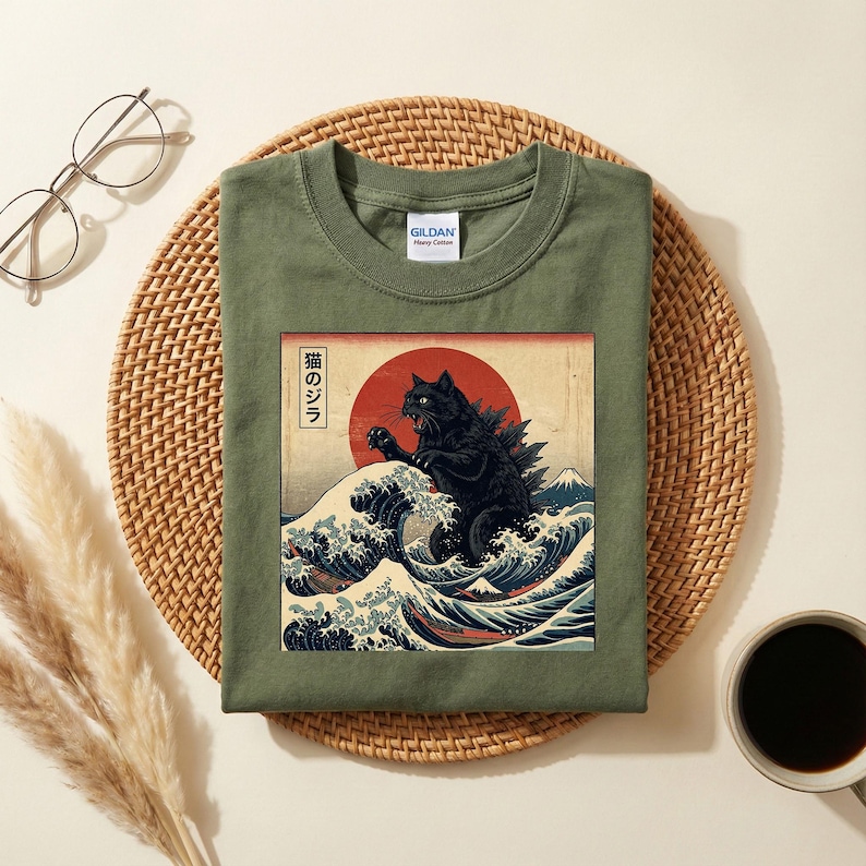 Vintage Black Kaiju Cat Shirt, Japanese Wave Cat T-Shirt, Great Wave Cat Monster Tee, Funny Godzilla Cat Tee, Anime Cat Lovers image 8