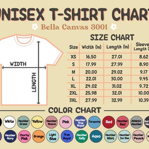 May include: A unisex t-shirt chart with size and color options. The size chart includes measurements in inches for width, length, and sleeve length. Color options include black, white, and various shades like heather green, pink, and red.