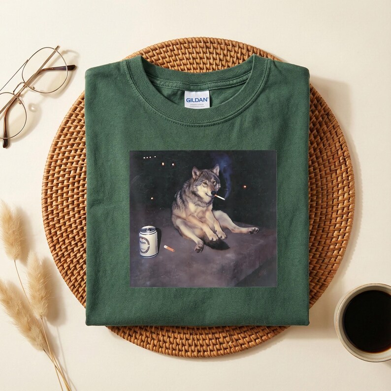K&ouml;nnte beinhalten: Dunkelgr&uuml;nes T-Shirt mit einem Aufdruck eines Wolfs, der eine Zigarette raucht, mit einer Bierdose und Zigarettenkippen. Der Wolf ist in entspannter Pose vor dunklem Hintergrund dargestellt. Das T-Shirt ist aus weichem Material.