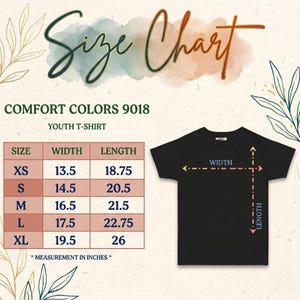 May include: Black youth t-shirt with a size chart. The chart shows measurements in inches for XS to XL sizes. The text "Size Chart" is at the top, with "Comfort Colors 9018" and "Youth T-Shirt" below.