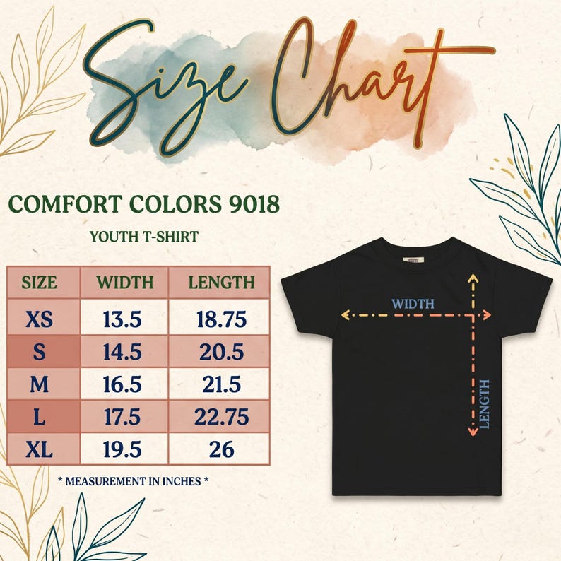 May include: Black youth t-shirt with a size chart. The chart shows measurements in inches for XS to XL sizes. The text "Size Chart" is at the top, with "Comfort Colors 9018" and "Youth T-Shirt" below.