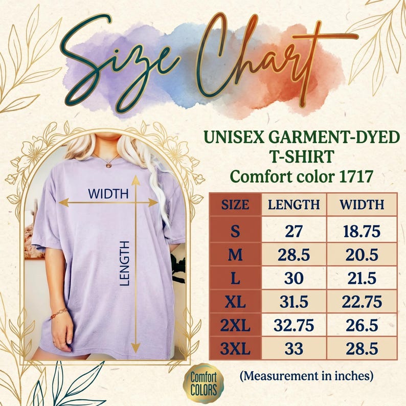 May include: A lilac unisex garment-dyed t-shirt with a size chart. The chart lists sizes S to 3XL, with measurements in inches for length and width. The text "Comfort color 1717" is also visible.