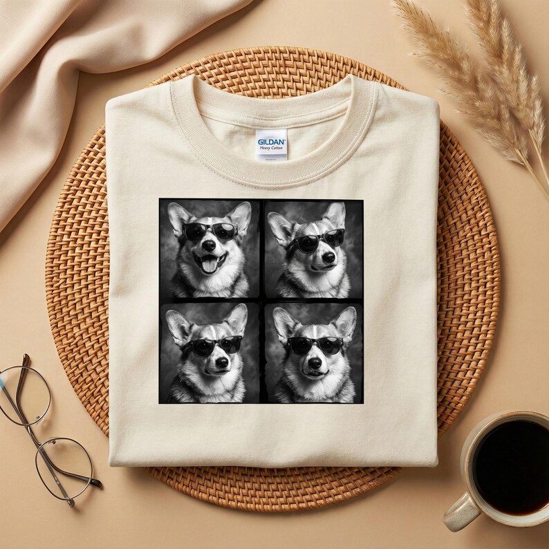 May include: Cream-colored t-shirt featuring a black and white image of four corgi dogs wearing sunglasses. The dogs are arranged in a 2x2 grid, each with a slightly different expression. The shirt has a classic crew neck and short sleeves.