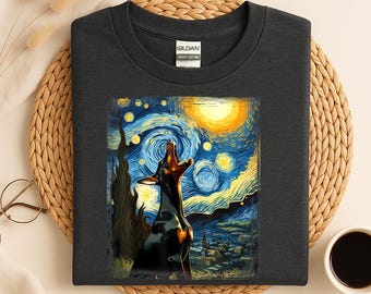Starry Night Dog T‑Shirt, Van Gogh Inspired Doberman Shirt, Artistic Dog Lover Tee, Unique Pet Owner Gift, Galaxy Sky Print