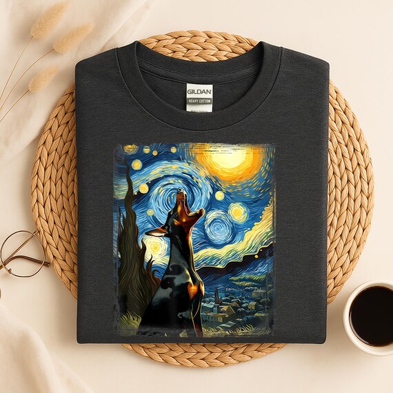 Starry Night Dog T‑Shirt, Van Gogh Inspired Doberman Shirt, Artistic Dog Lover Tee, Unique Pet Owner Gift, Galaxy Sky Print
