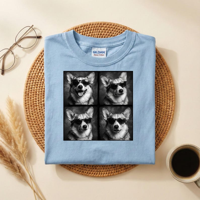May include: A light blue t-shirt featuring a four-panel image of a corgi wearing sunglasses. The corgi images are in black and white. The shirt is on a woven mat with a cup of coffee and eyeglasses.