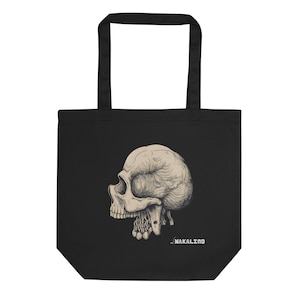Skull Tote Bag – Gothic Black Canvas Tote, Macabre Art Shopping Bag, Punk Dark Aesthetic Reusable Book Bag, Halloween Goth Gift
