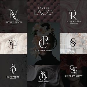 Puede incluir: Una colección de logotipos elegantes con iniciales estilizadas y nombres de marcas. Los logotipos utilizan un diseño minimalista con un enfoque en la tipografía. La paleta de colores es principalmente en blanco y negro, con algunos logotipos que incorporan elementos florales y fondos suaves.