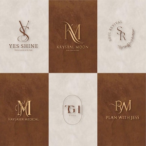 May include: A collection of six logos in a grid layout. Each logo features elegant, gold-colored typography against a backdrop of either a light beige or a dark brown, textured background. The logos include text such as "YES SHINE" and "KRYSTAL MOON".
