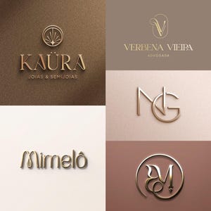 May include: A collection of gold-colored logos on various backgrounds. The logos include the names "KAURA", "VERBENA VIEIRA", "MG", "Mimelô", and "EM". The logos are for jewelry, legal services, and other businesses.