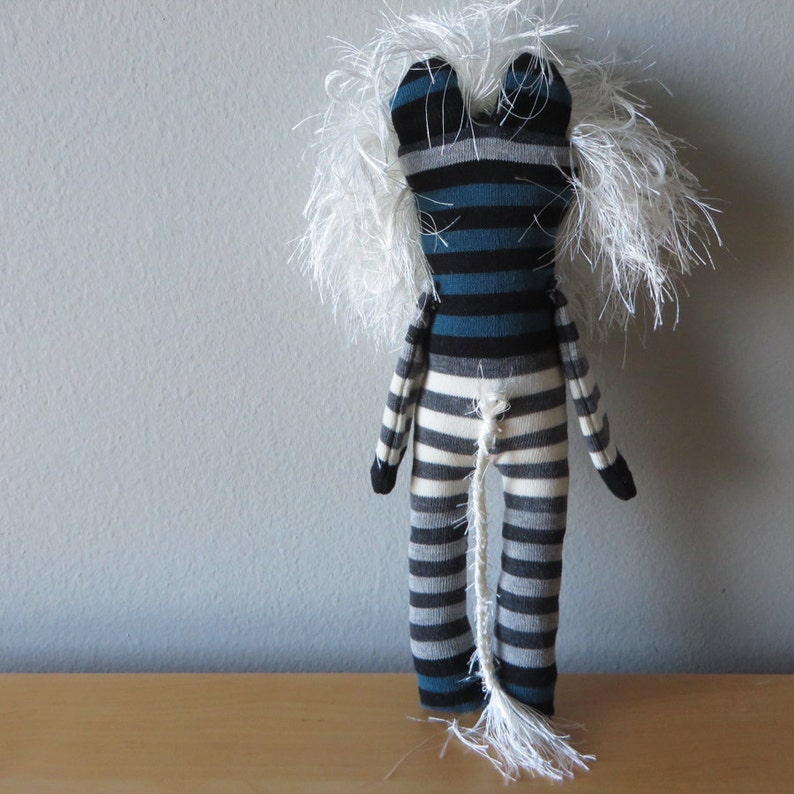 Creamy White and Grey Striped Sock Lion Plush with Red Heart Button