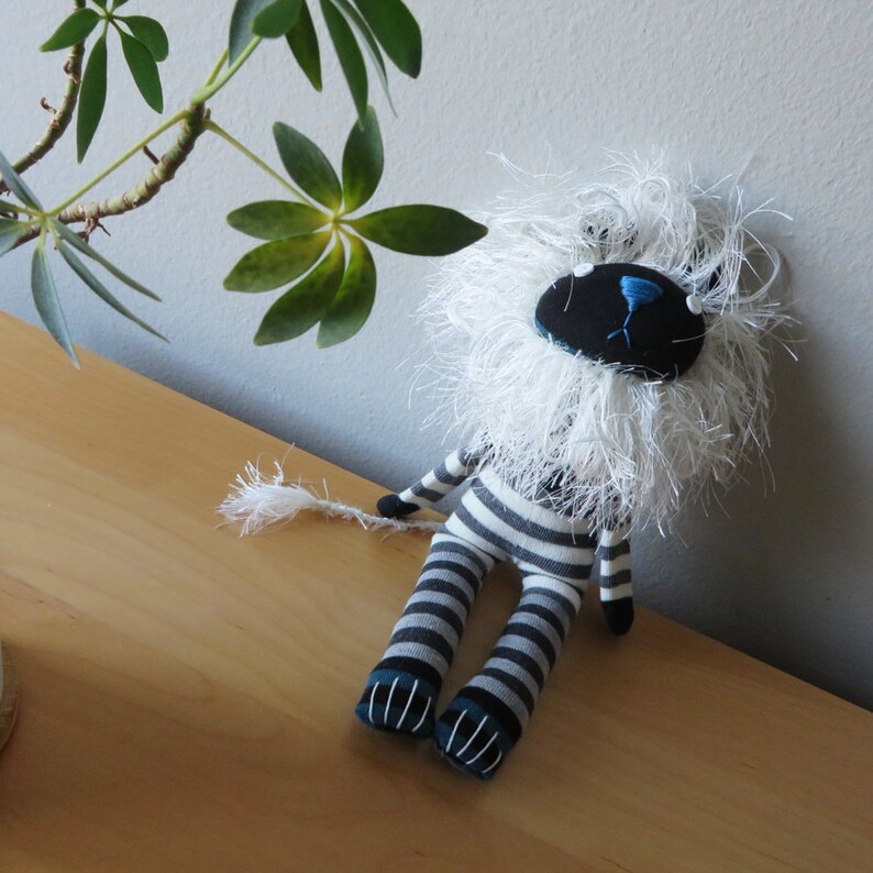 Creamy White and Grey Striped Sock Lion Plush with Red Heart Button