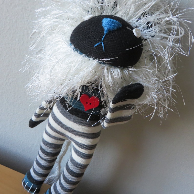 Creamy White and Grey Striped Sock Lion Plush with Red Heart Button