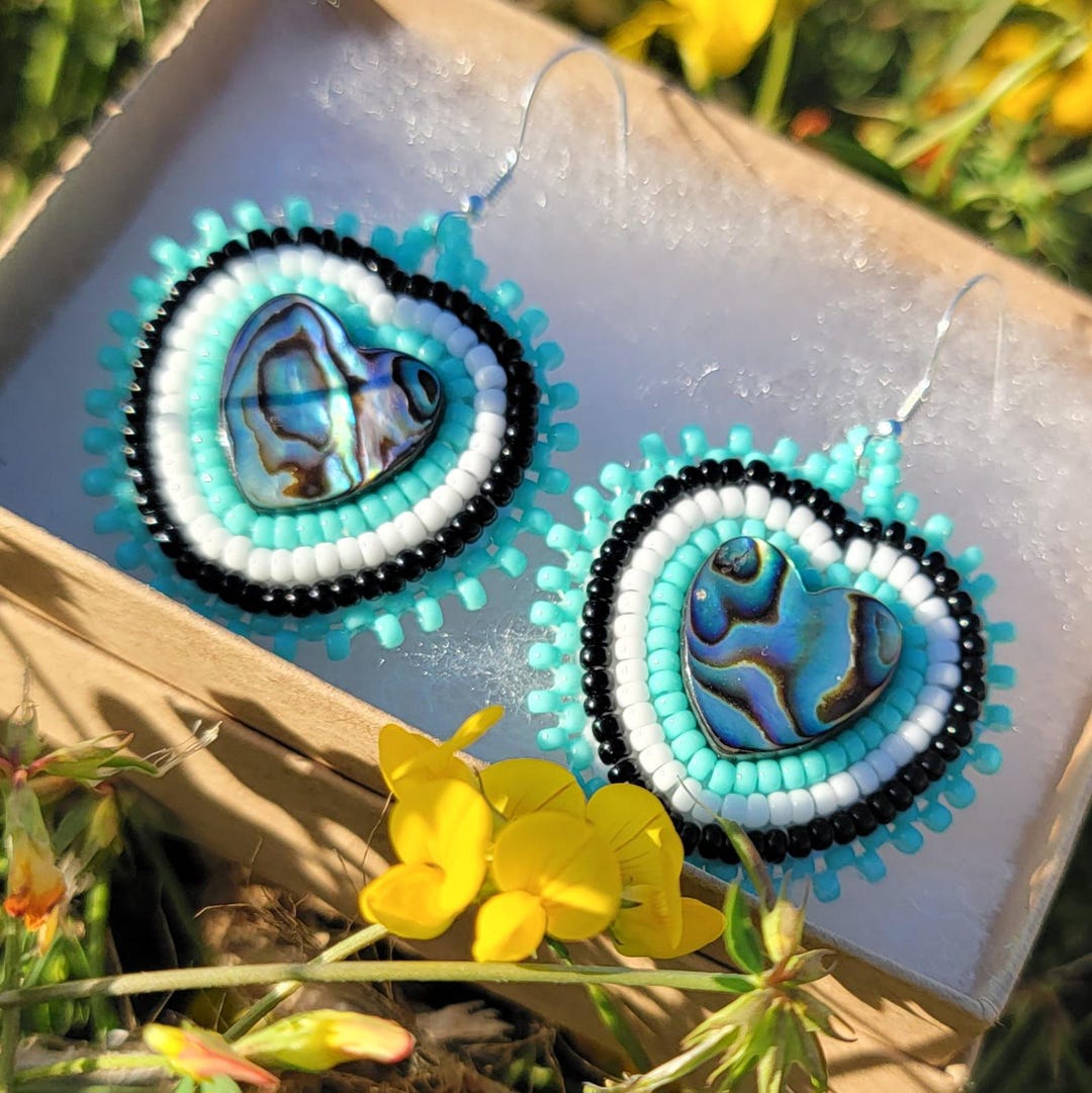 Seafoam Green & Abalone Shell Heart Shaped Beaded Earrings Contemporary ...