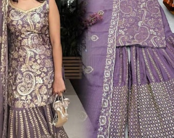 Embroidered Chinon Silk Kurta Plazzo Set: Bollywood Party Wear Salwar Kameez