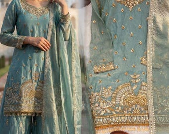 Embroidered Kurta Sharara Set: Bollywood Party Wear Salwar Kameez