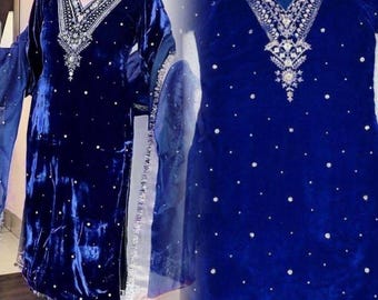Designer thread with Sequnce with rivet Moti  Kurta Palazzo Viscos velvet Heavy Salwar Kameez Dupatta Readymade 3 Piece Suit