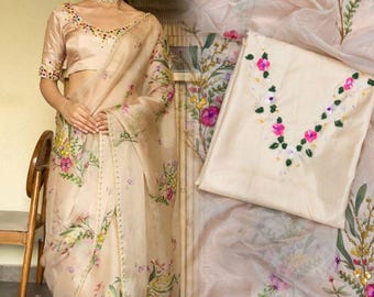 Beautiful floral print with beads, Sequins  Sari With Blouse Bollywood Indian Bridal Saree