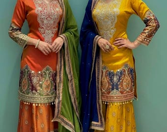 パキスタンのデザイナー、チノンシルクのフル刺繍シーケンスワーク既製サルワールカミーズウェディングウェアスーツ