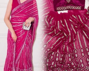Heavy Embroidery Sequence Sari With Blouse Bollywood Indian Bridal Saree