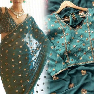 Georgette Saree: Dual  Sequence Embroidery box work done in saree