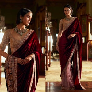 Velvet Wedding Saree, Sequence Jari Embroidery, Cutwork Border
