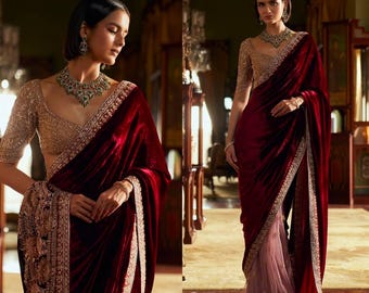 Velvet Wedding Saree, Sequence Jari Embroidery, Cutwork Border