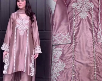 Crep Silk Embroidered Kurta Plazzo Set: Bollywood Party Wear Salwar Kameez