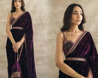 Velvet Wedding Saree, Sequence Jari Embroidery, Cutwork Border