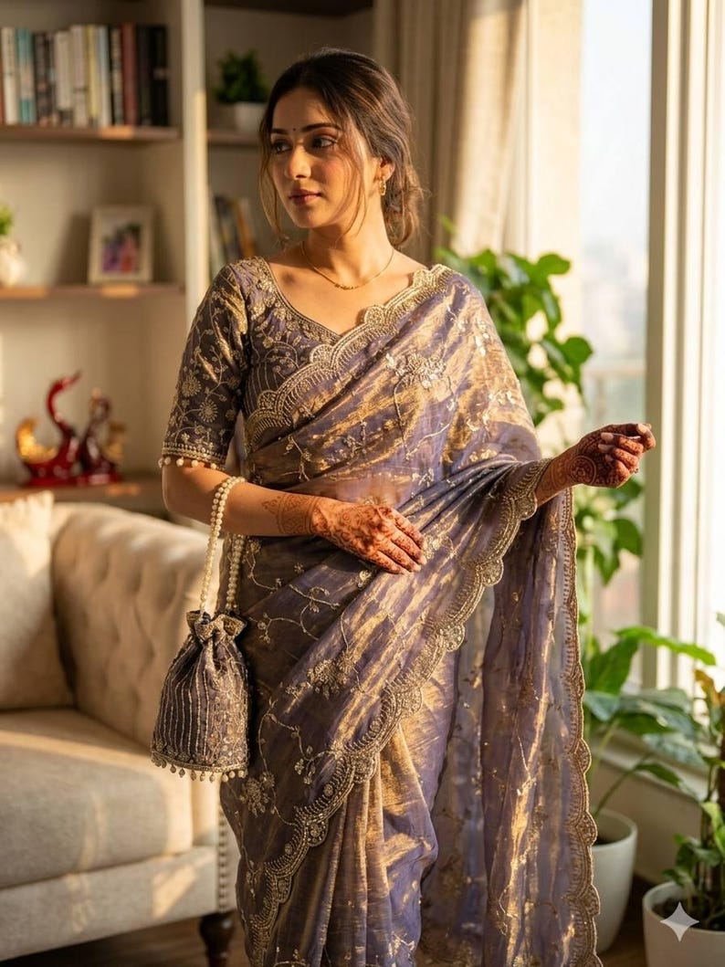 May include: A lavender sari with gold embroidery and a matching blouse. The sari features a scalloped border and is paired with a beaded drawstring bag. The blouse has short sleeves and intricate detailing. The outfit is elegant and suitable for special occasions.