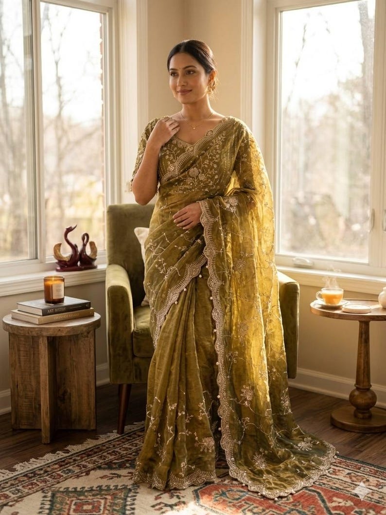 May include: A woman wearing a gold-green sari with intricate embroidery and a scalloped border. The sari is draped elegantly, with a matching blouse. The scene is set indoors, with natural light illuminating the sari's details.
