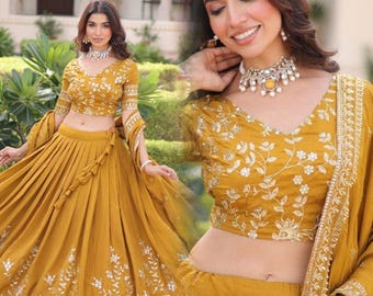 Musterd Yellow Colour Lehenga Choli with sequins  Vichitra Silk lehenga choli, Indian Wedding Outfit