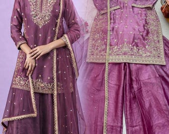 Indian Bollywood Partywear Kurta Palazzo Dupatta Set Pakistani Designer Salwar Kameez