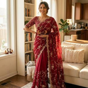 May include: A woman wearing a maroon sari with gold embroidery and a matching blouse. The sari features intricate floral patterns and a scalloped border. The outfit is accessorized with gold jewelry. The background includes a bookshelf, window, and a sofa.