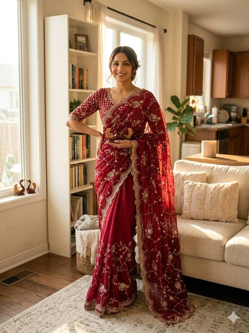 May include: A woman wearing a maroon sari with gold embroidery and a matching blouse. The sari features intricate floral patterns and a scalloped border. The outfit is accessorized with gold jewelry. The background includes a bookshelf, window, and a sofa.