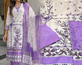 Pakistani Designer lavender floral prints Beautiful heavy embroidered V-neck work  Salwar Kameez Wedding Wear Suits
