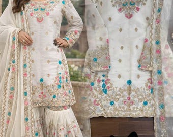 Embroidered Georgette Kurta Palazzo Set: Pakistani Wedding Salwar Kameez