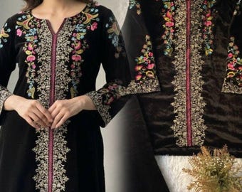 Black Colour Velvet Pakistani Salwar Kameez with Embroidery  Salwar Suit