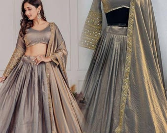 Fendi silk Lehenga Choli with sequins , dori & zari work lehenga choli, Indian Wedding Outfit