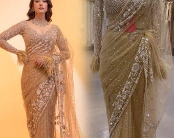 Heavy Embroidery Sequence Sari With Blouse Bollywood Indian Bridal Saree