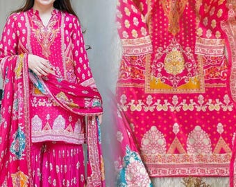 Pakistani Designer Pink Digital Print  with Real Mirror work Readymade Salwar Kameez Wedding Wear Suits