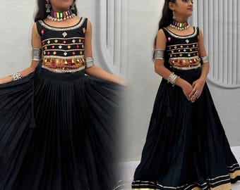 Girls' Navratri Lehenga Choli Set: mirror hand work & ribbin work Pure Cotton Indian Dress