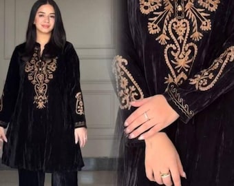 Black Colour Velvet Pakistani Salwar Kameez with Embroidery  Salwar Suit