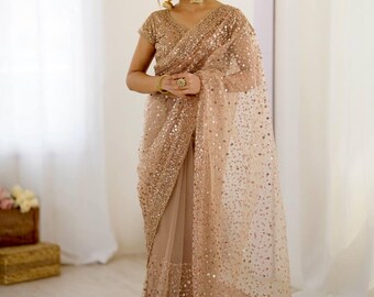 Golden Sequin Embroidery Saree: Net saree Indian Wedding Outfit
